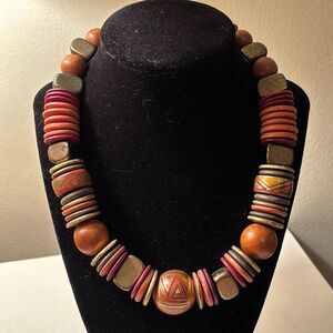 Vintage Multi Colored Wooden Painted Assorted Size Bead Statement Necklace